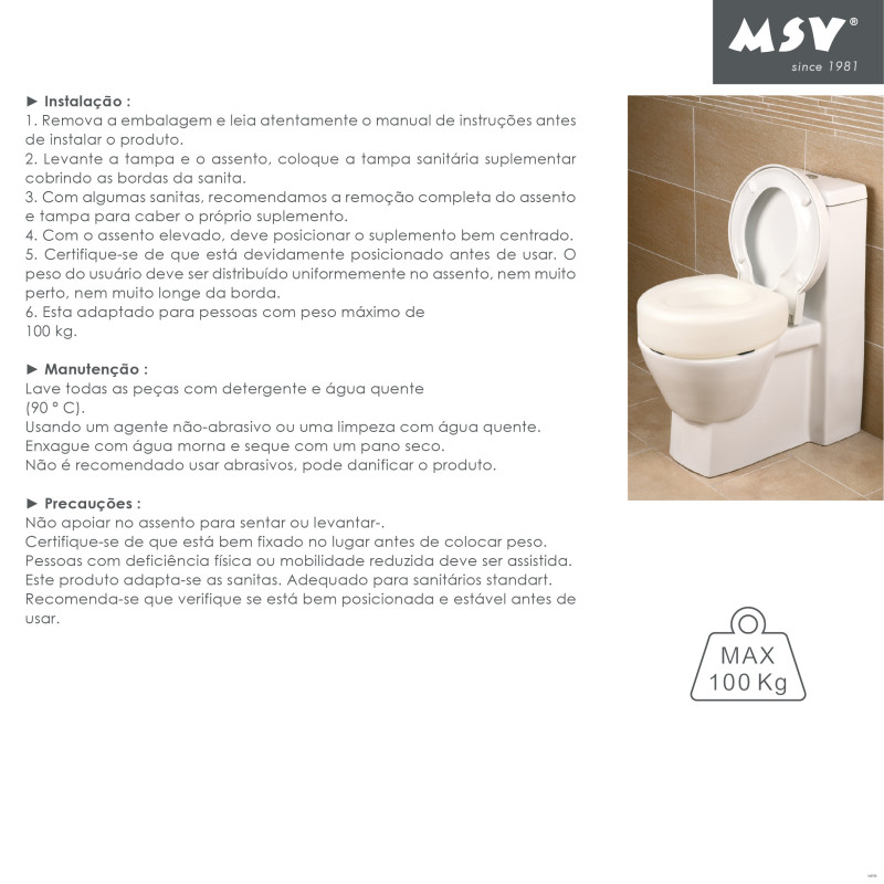 Rehausseur WC 15cm pour personne à  mobilité réduite - Max 100kg MSV