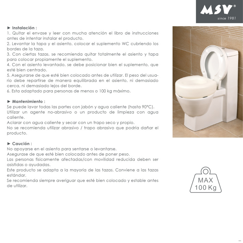 Rehausseur WC 15cm pour personne à  mobilité réduite - Max 100kg MSV
