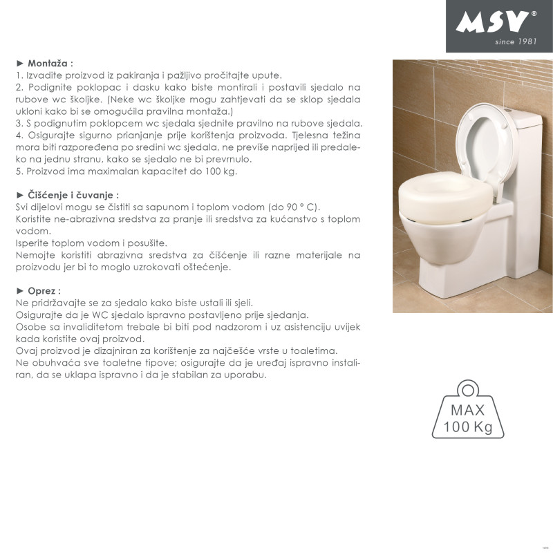 Rehausseur WC 15cm pour personne à  mobilité réduite - Max 100kg MSV