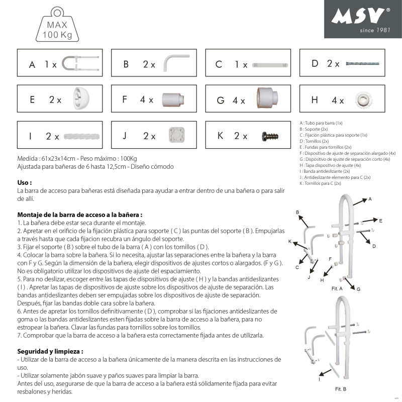 Poignée d'entrée pour le bain - Max 60kg MSV