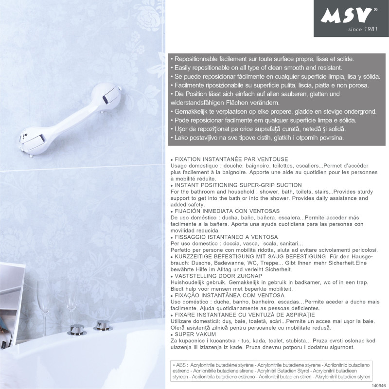 Suction tumbler support handle with safety indicator - Max 60kg MSV