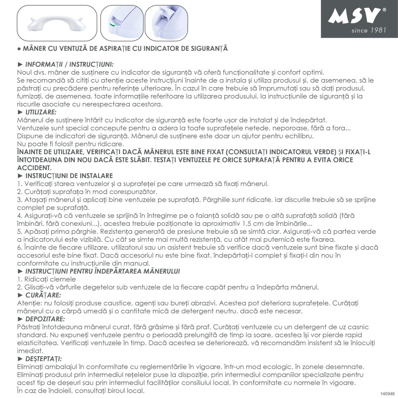 Mango de soporte de ventosa con indicador de seguridad - Max 60kg MSV