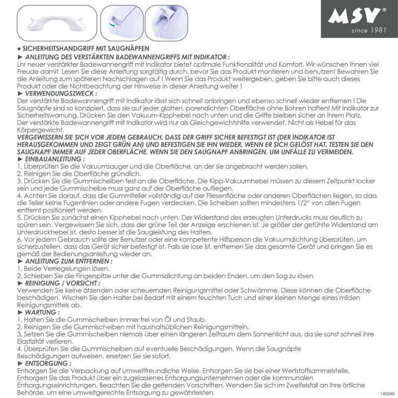 Mango de soporte de ventosa con indicador de seguridad - Max 60kg MSV