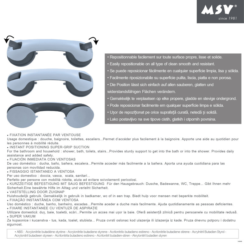 Poignée de soutien à  ventouses ABS - Max 60kg MSV