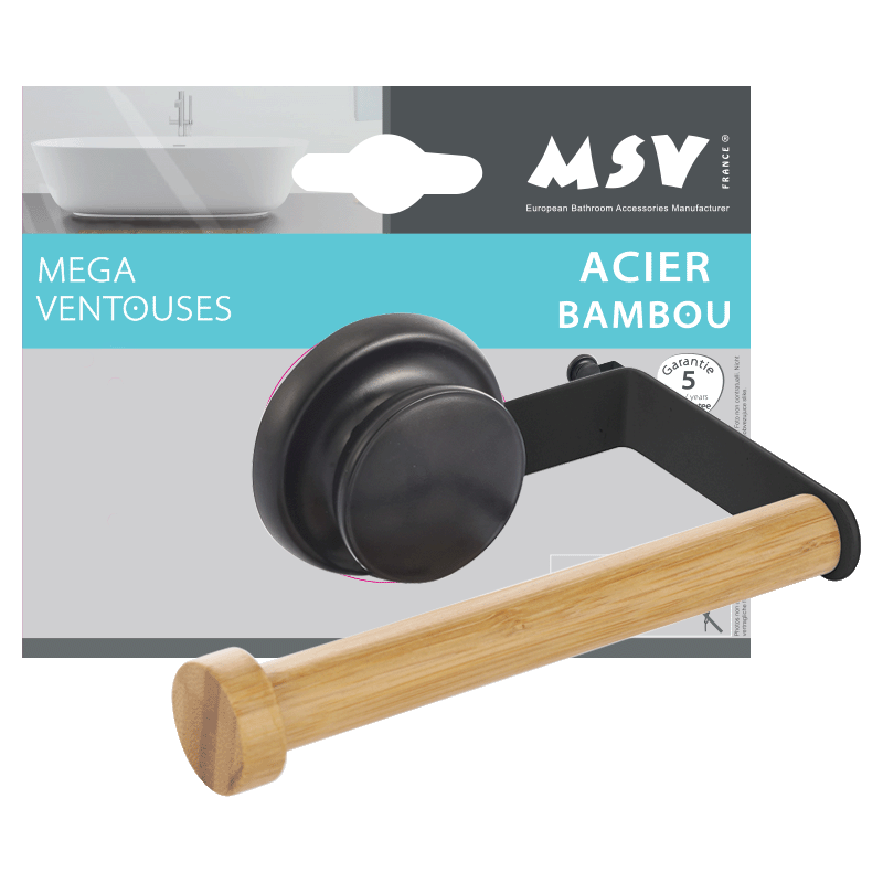 Porte Rouleau Papier Wc Mural MEGA VENTOUSE Bambou & Acier Noir MSV