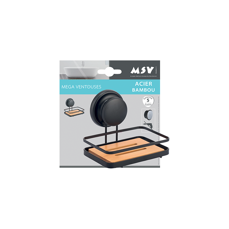 Porte Savon avec Mega Ventouse Acier & bambou Noir mat MSV