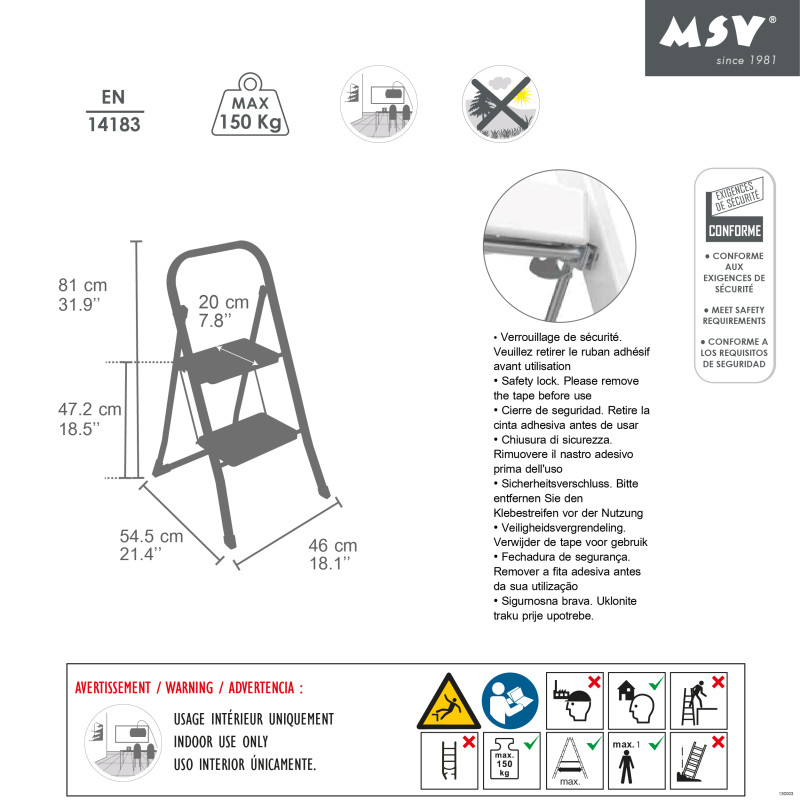 Escalera de tijera de acero plegable y antideslizante de 2 peldaños máx. 150 kg (46 x 55 x 82 cm) MSV