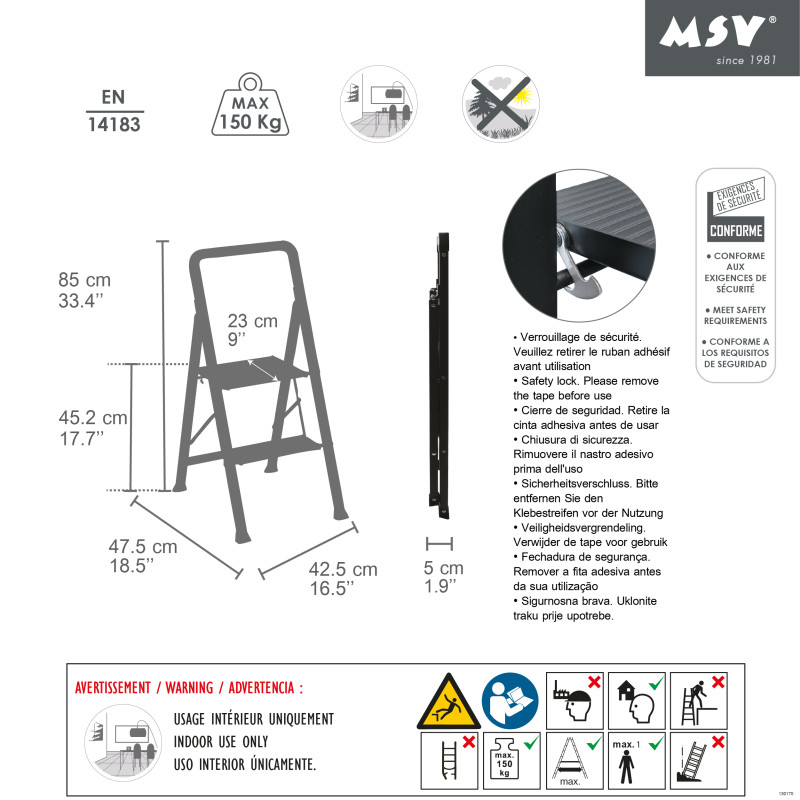 Escabeau 2 marches pliant anti-dérapant en Acier - Max 150kg (47,5x42,5x85cm) Noir mat MSV