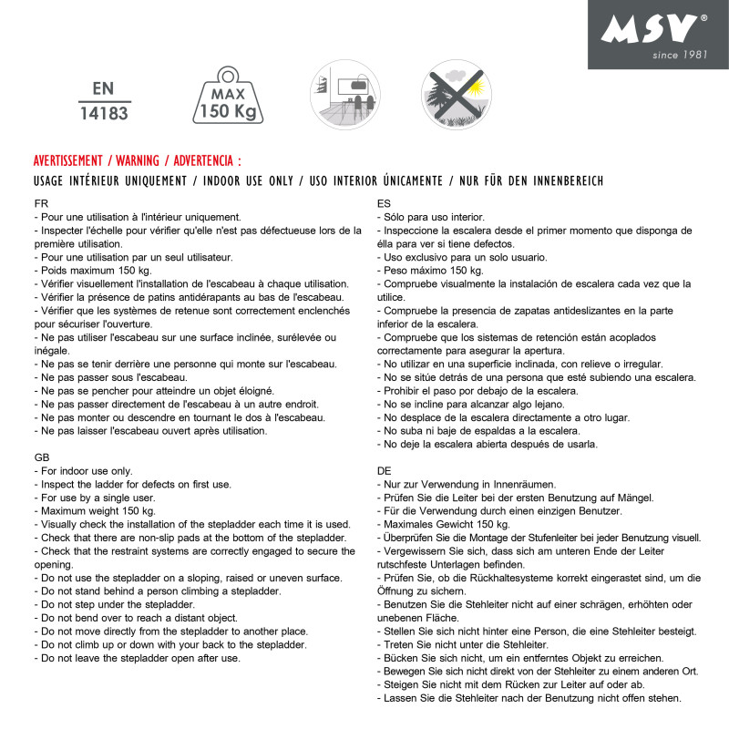 Escabeau 2 marches pliant anti-dérapant en Acier - Max 150kg (47,5x42,5x85cm) Noir mat MSV