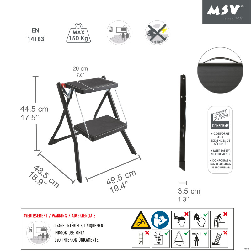 2-Step Folding & Anti-Slip Lightweight Steel Step - Max 150kg - Matt Black MSV
