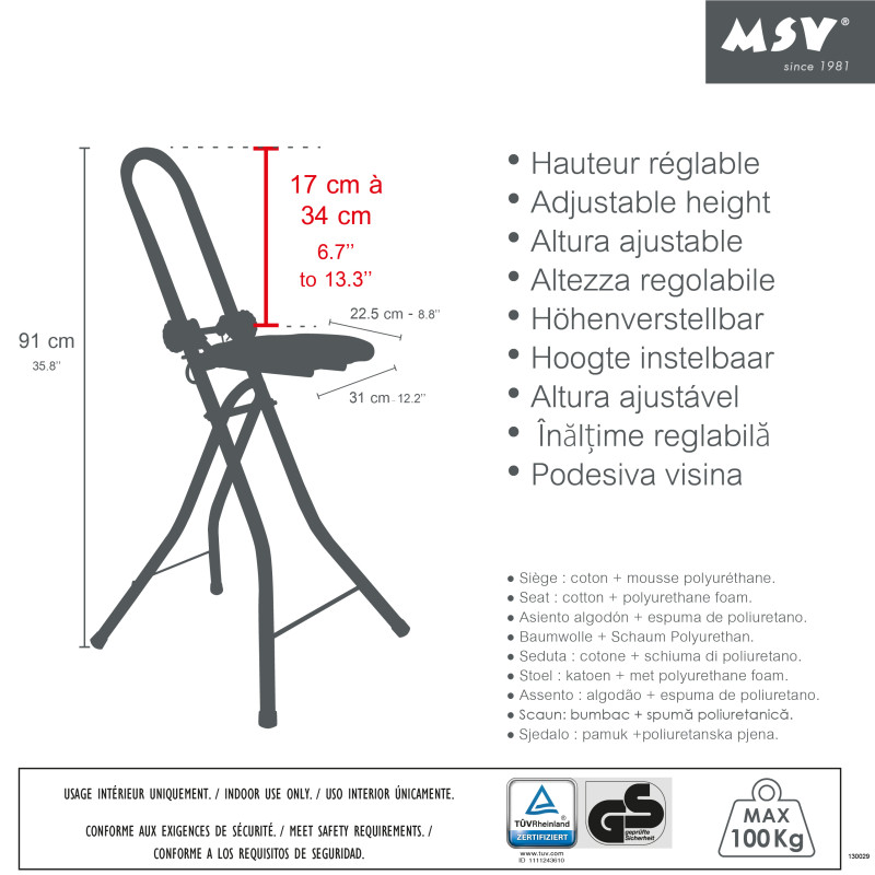 Tabouret de repassage ajustable & pliable en Acier (46x47x91cm) MSV