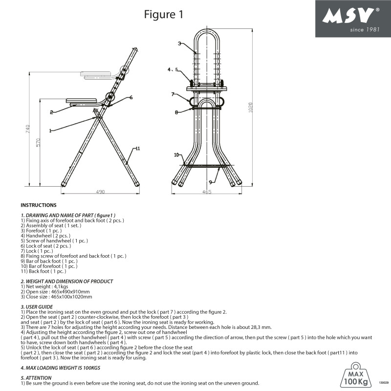 Tabouret de repassage ajustable & pliable en Acier (46x47x91cm) MSV