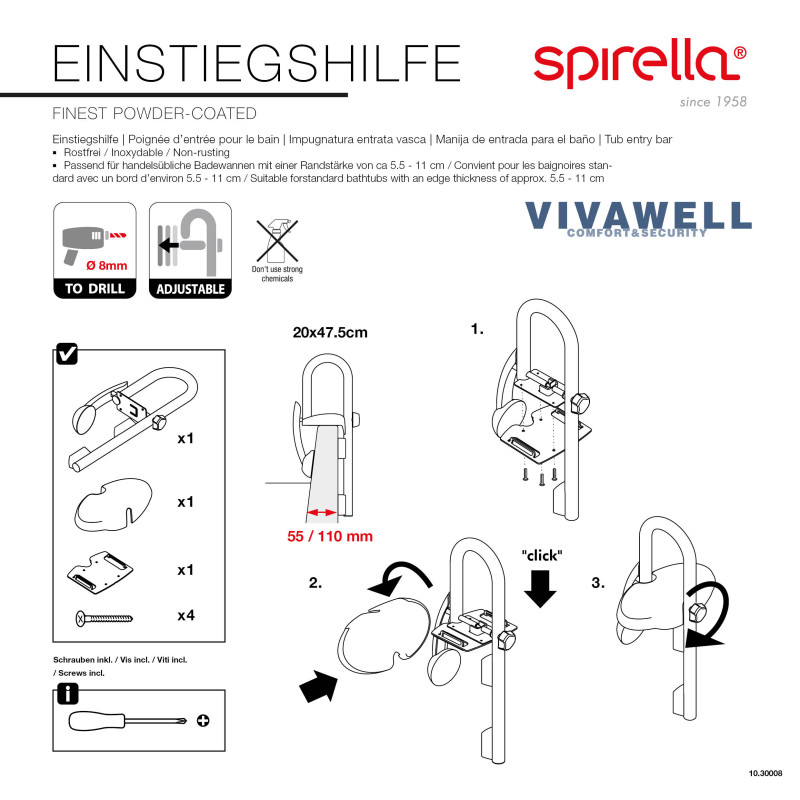 Poignée d'entrée pour le bain Acier Inox Blanc Spirella