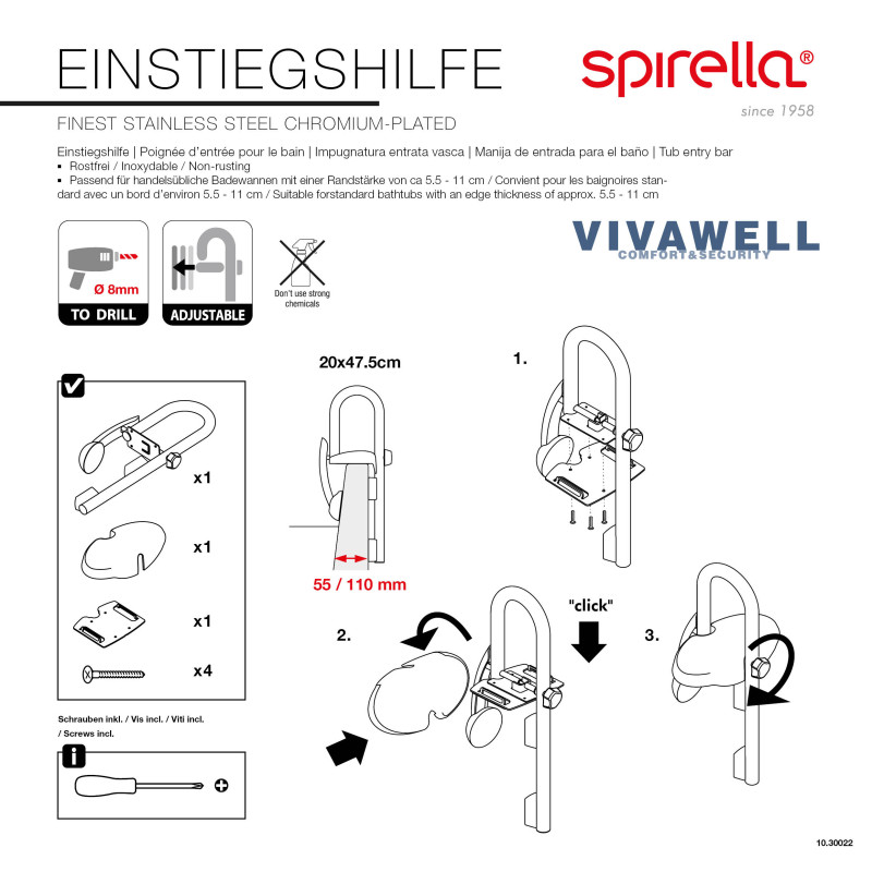 Entrance handle for the bath Chromed stainless steel Spirella