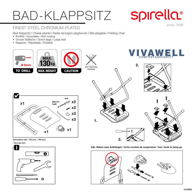 Chaise pliante rabattable de bain Chrome Spirella
