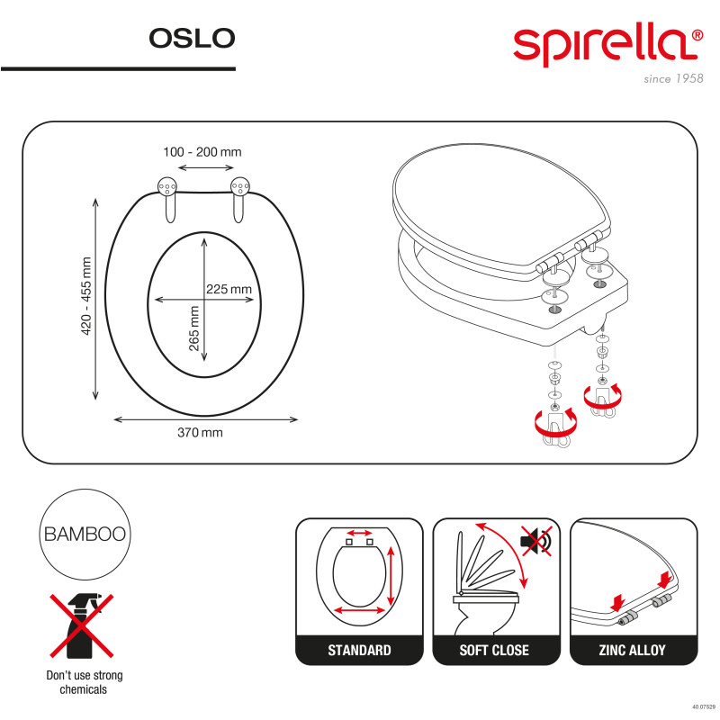 Asiento de inodoro OSLO de bambú y blanco - Bisagras de zinc Spirella