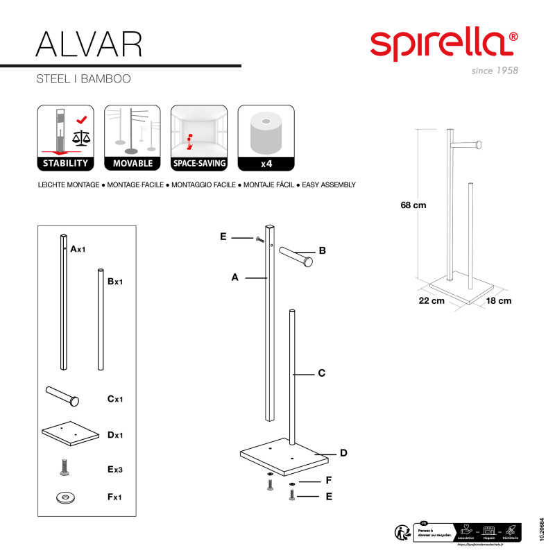 Porte Rouleau Papier Wc sur Pied  Acier & Bambou ALVAR Noir mat Spirella