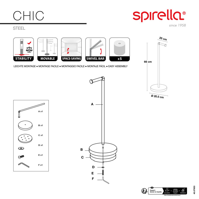 Porte rouleau papier WC sur pied CHIC Acier Noir mat Spirella