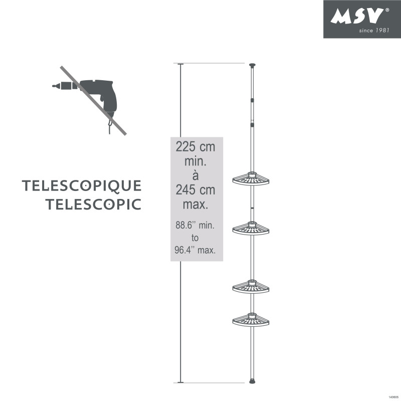 Self-supporting corner shower shelf 125-245cm White telescopic - No drilling - 4 shelves MSV