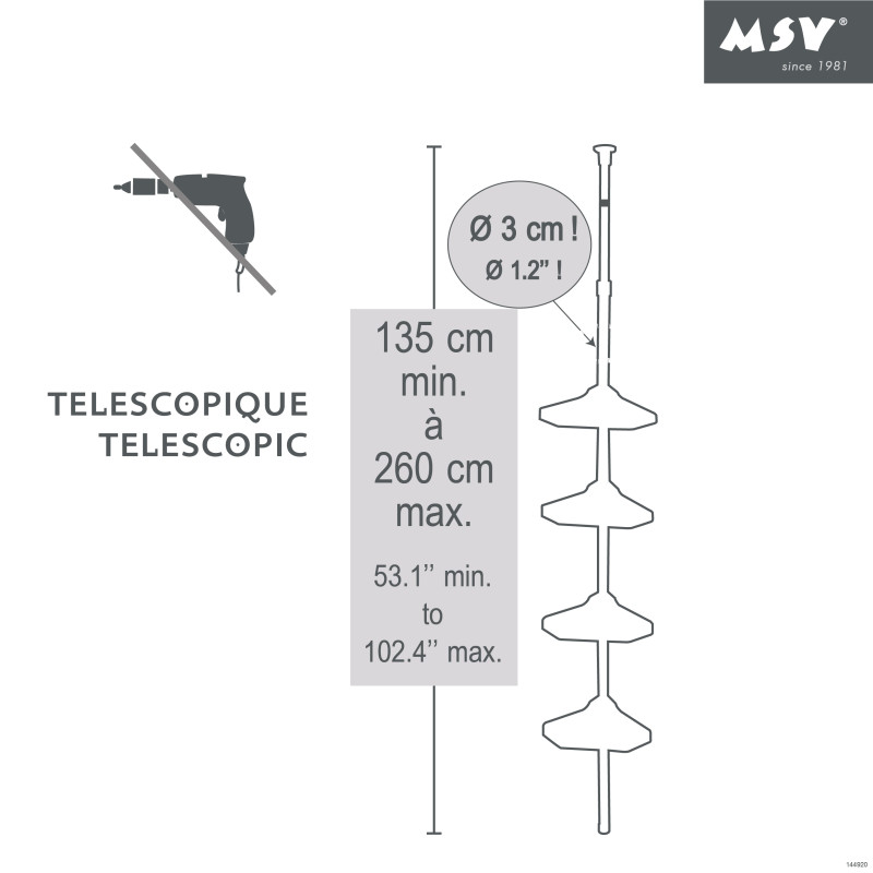Self-supporting corner shower shelf 135-260cm White telescopic - No drilling - 4 shelves MSV
