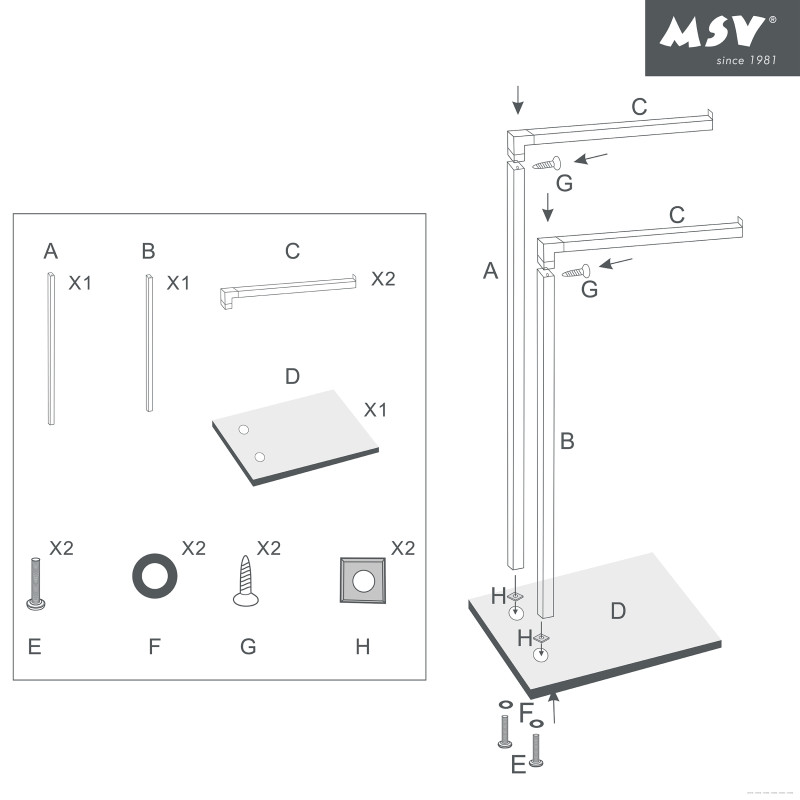 Porte Serviettes 2 branches Inox & Verre Noir MSV