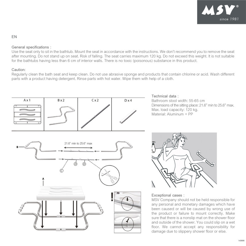 Grand siège de baignoire extensible 50-70cm Blanc - Max 120kg MSV