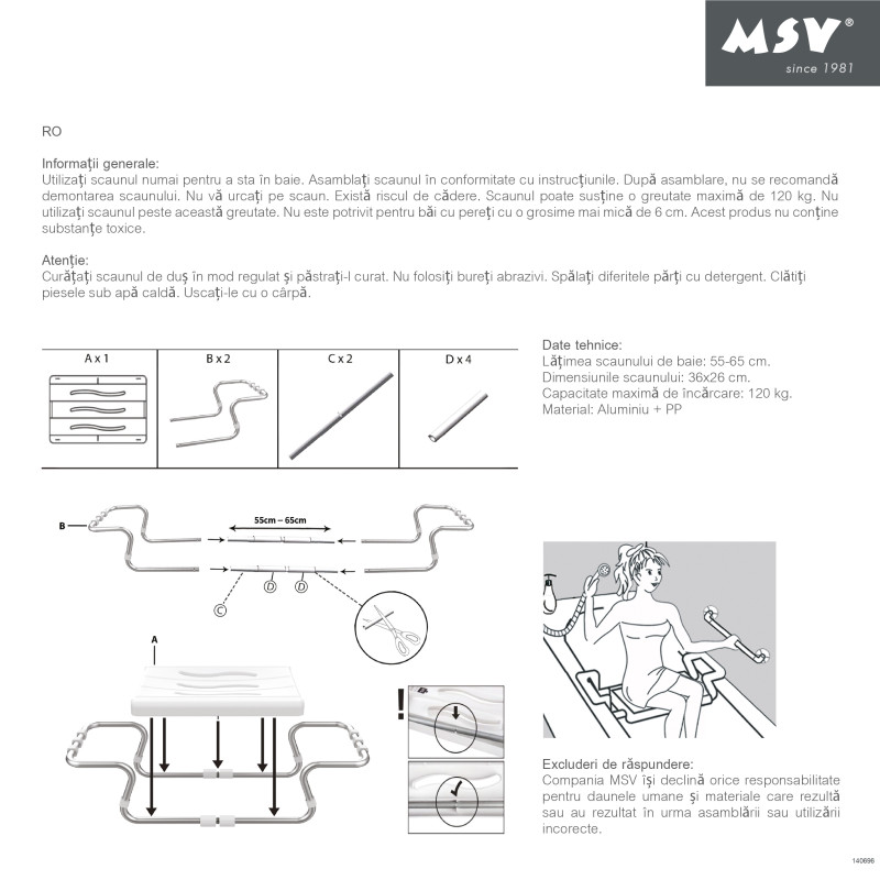 Grand siège de baignoire extensible 50-70cm Blanc - Max 120kg MSV