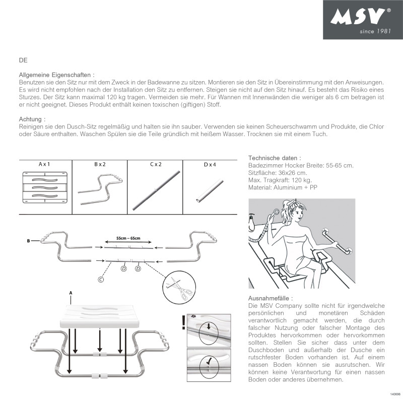 MSV Grand siège de baignoire extensible 50-70cm Gris - Max 120kg