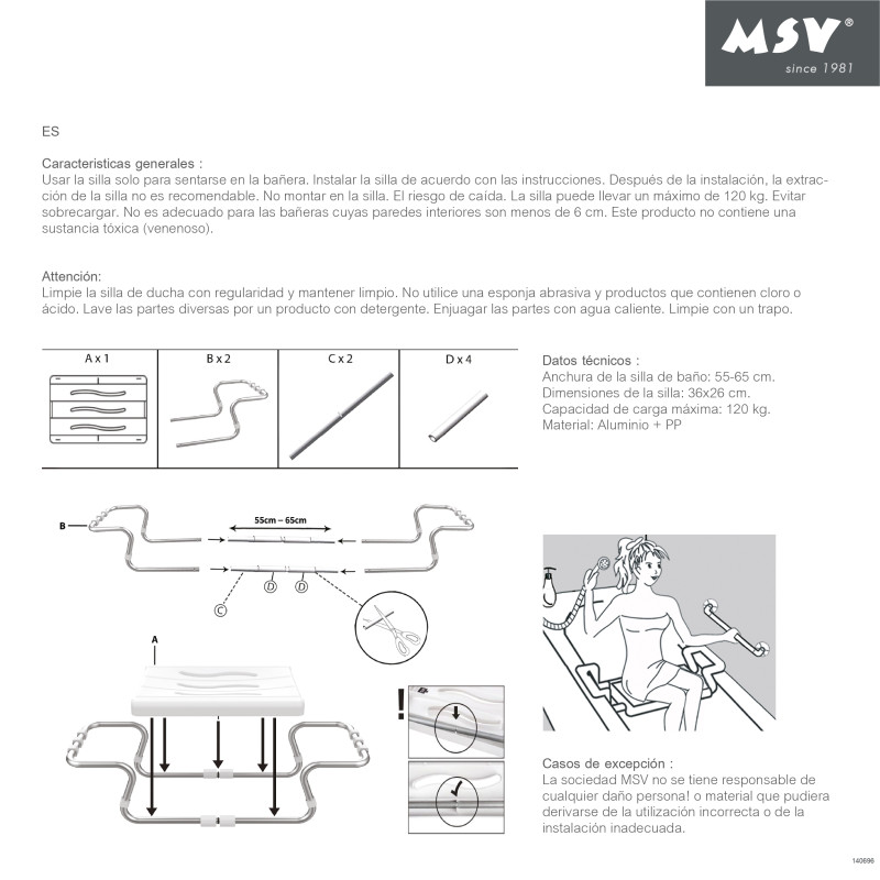 MSV Grand siège de baignoire extensible 50-70cm Gris - Max 120kg