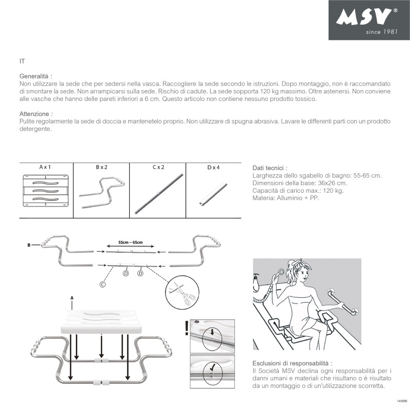 MSV Grand siège de baignoire extensible 50-70cm Gris - Max 120kg