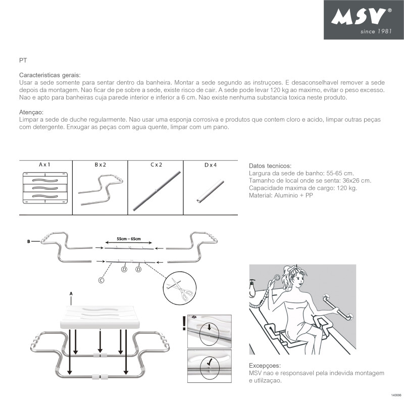 MSV Grand siège de baignoire extensible 50-70cm Gris - Max 120kg