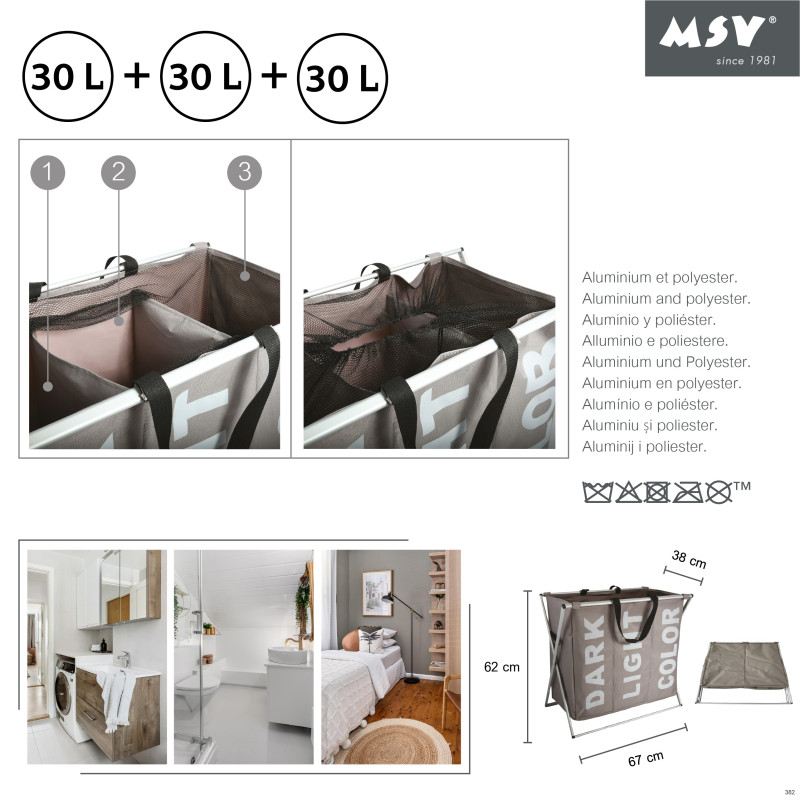 Laundry basket 3 compartments DARK LIGHT COLOR (3x30L) Taupe MSV
