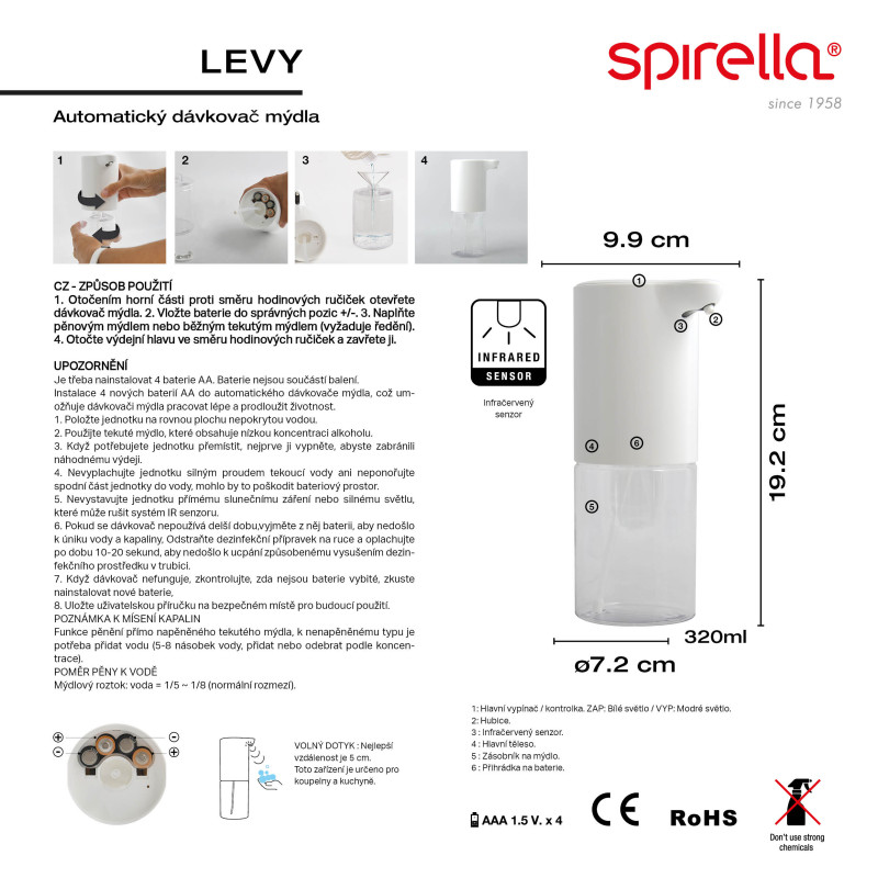 Soap dispenser LEVY White infrared automatic Spirella