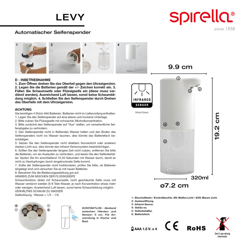 Soap dispenser LEVY White infrared automatic Spirella