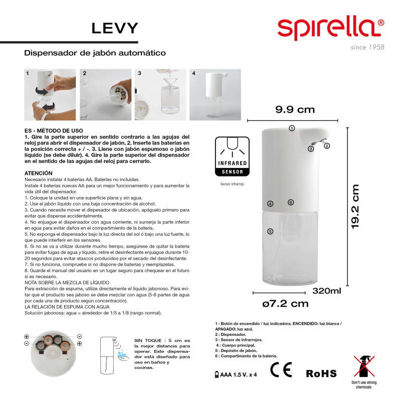 LEVY Dispensador automático de jabón por infrarrojos White Spirella