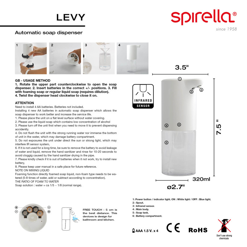 LEVY Dispensador automático de jabón por infrarrojos White Spirella