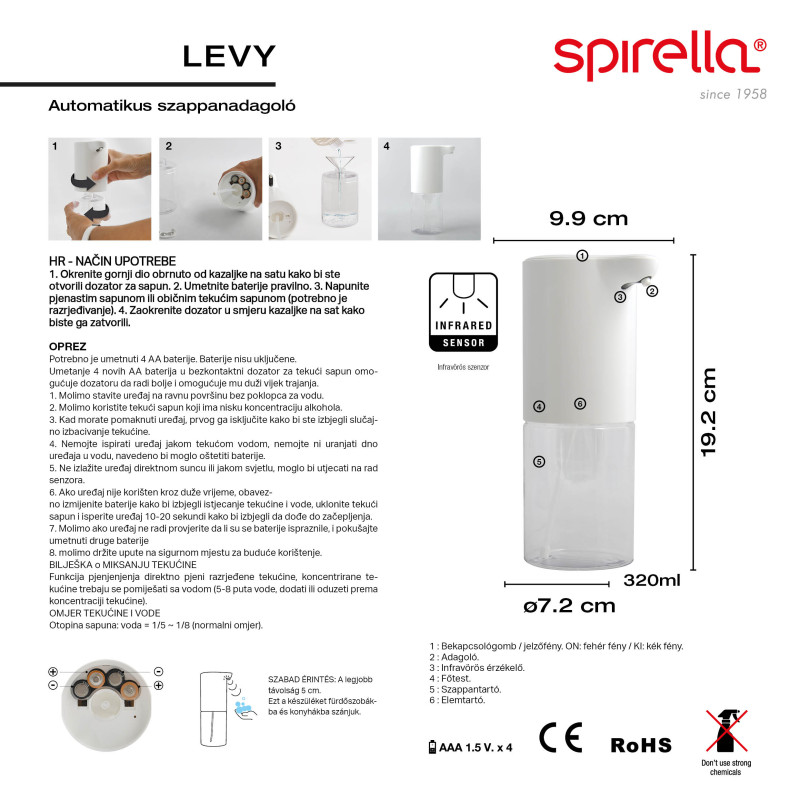 Soap dispenser LEVY White infrared automatic Spirella