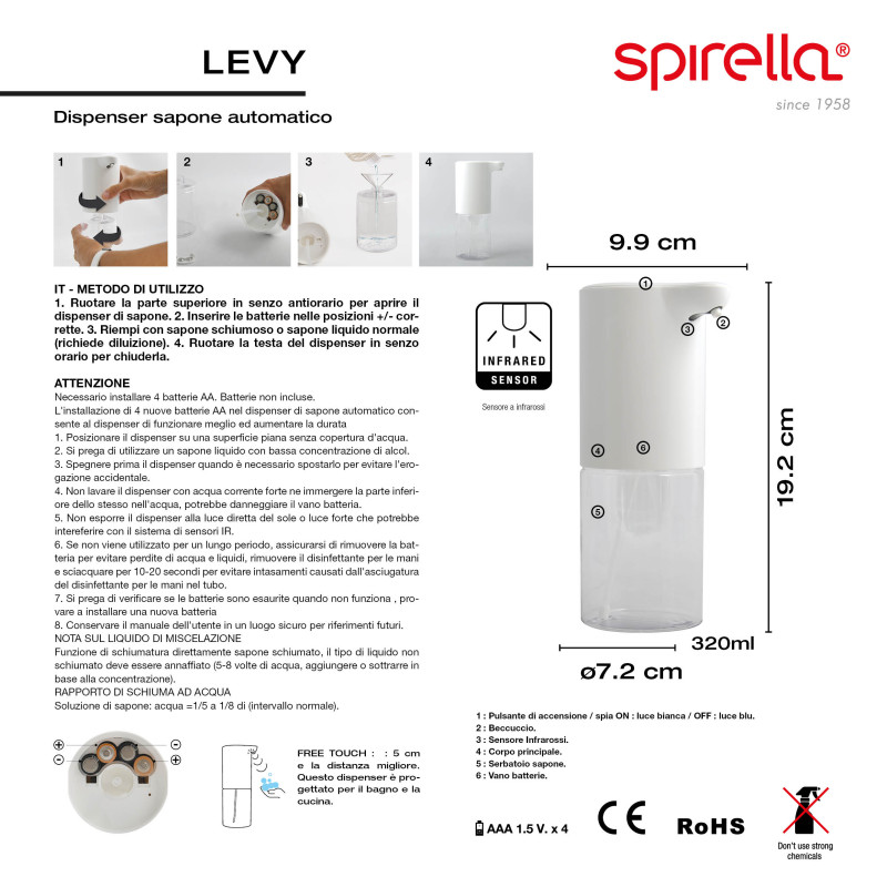 Soap dispenser LEVY White infrared automatic Spirella