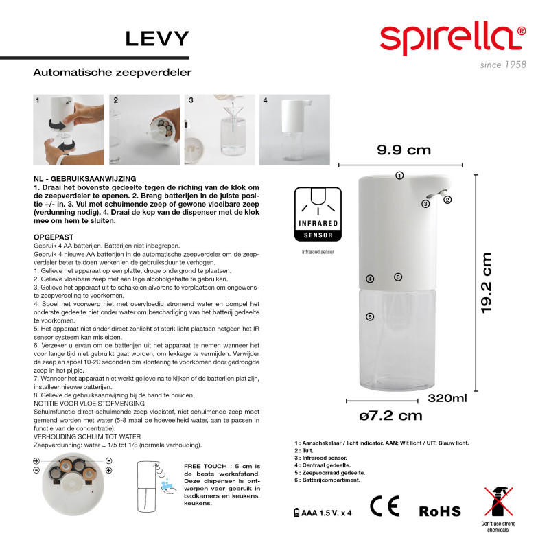 Distributeur de savon automatique infrarouge LEVY Blanc Spirella