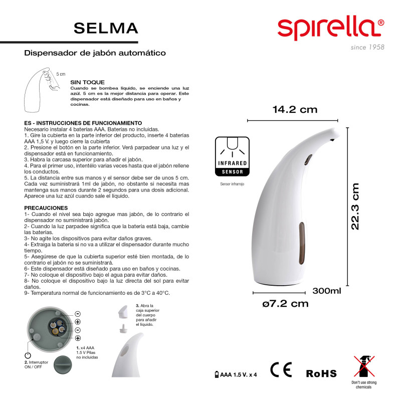 SELMA Dispensador de jabón automático por infrarrojos Spirella blanco