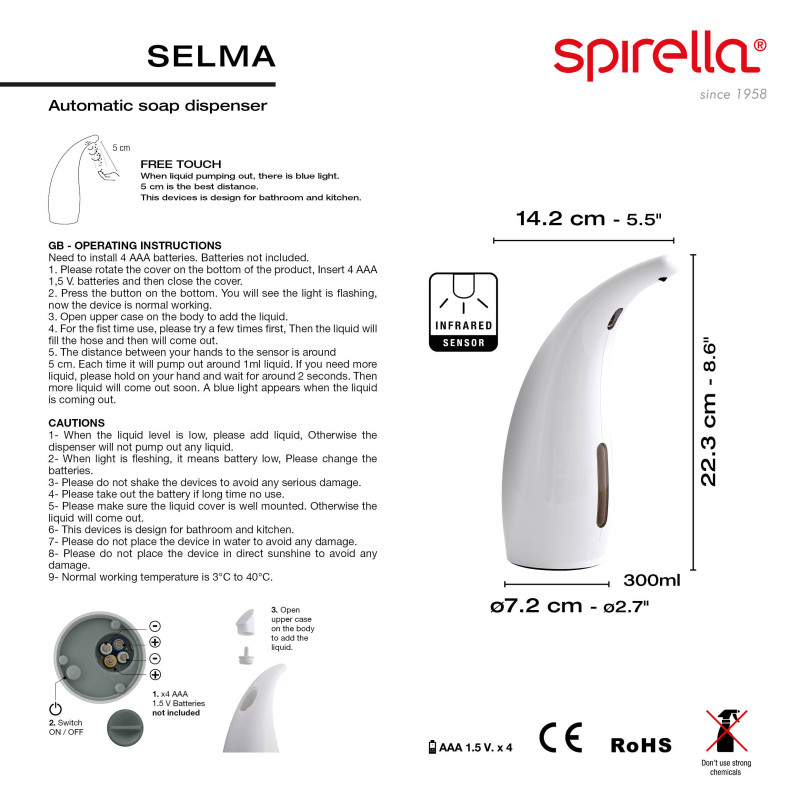 SELMA Dispensador de jabón automático por infrarrojos Spirella blanco