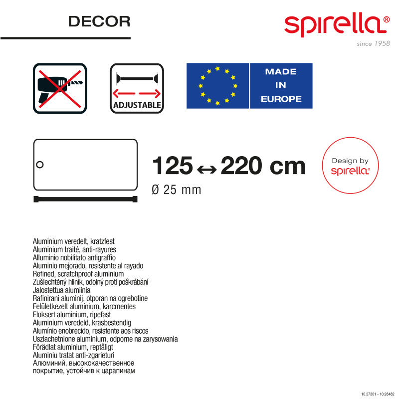 Rod bar for extendable shower curtain or bathtub without drilling in Aluminum DECOR 125-220cm White Spirella