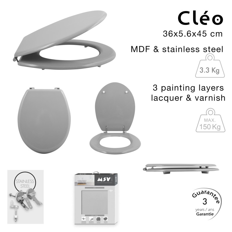 Sedile WC CLÉO in MDF grigio - Cerniere MSV in acciaio inossidabile