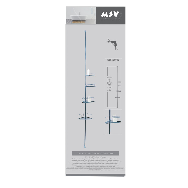 Etagère de douche d'angle auto-portée 145-250cm Acier Chromé telecscopique - sans perçage - 4 tablettes MSV
