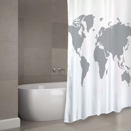 MSV Duschvorhang Polyester WORLD 180x200cm PREMIUM QUALITÄT Grau & Weiß - Ringe inklusive