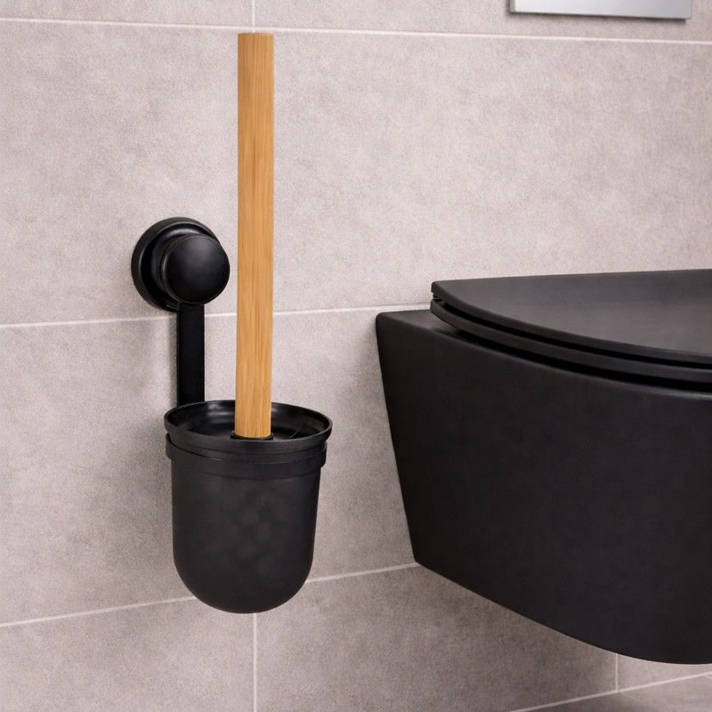 Scopino WC con supporto MEGA SUCTION Bamboo & Steel Nero opaco MSV