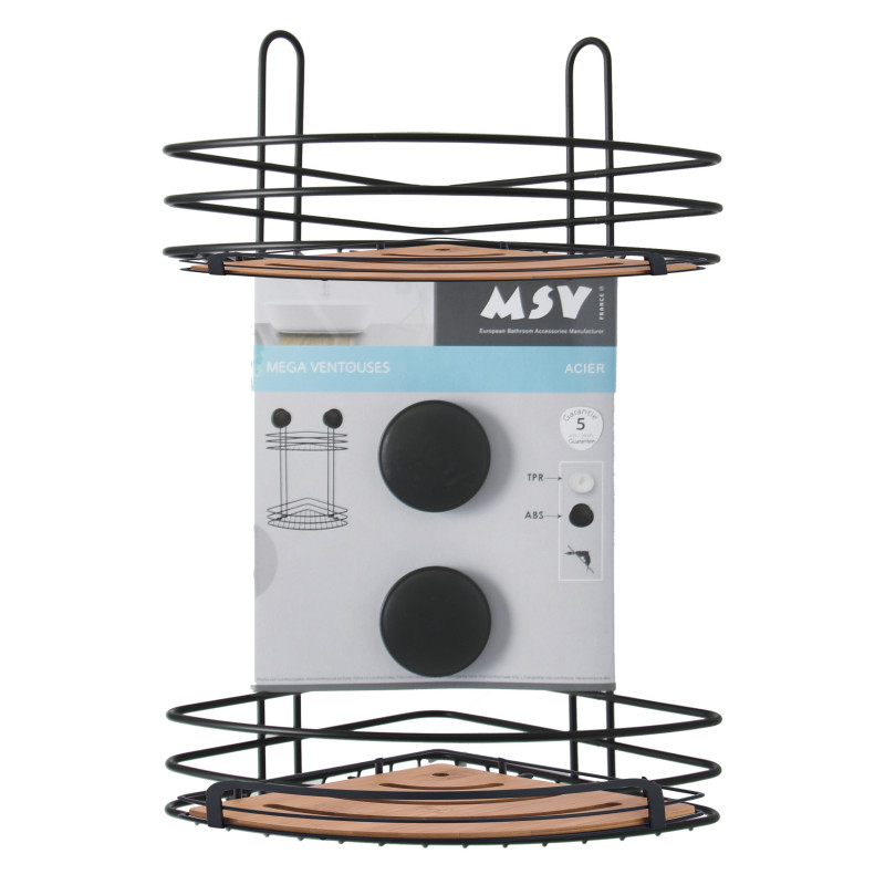 Etagère de douche d'angle à  ventouses 2 Niveaux Bambou & Acier Noir mat MSV