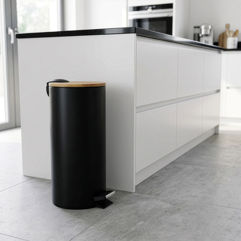 Kitchen Pedal bin Steel & Bamboo ADONIS 30L Black Spirella