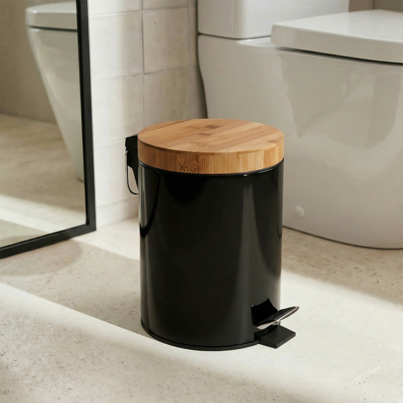 MSV Badezimmer Treteimer Stahl & Bambus AZA 3L Schwarz