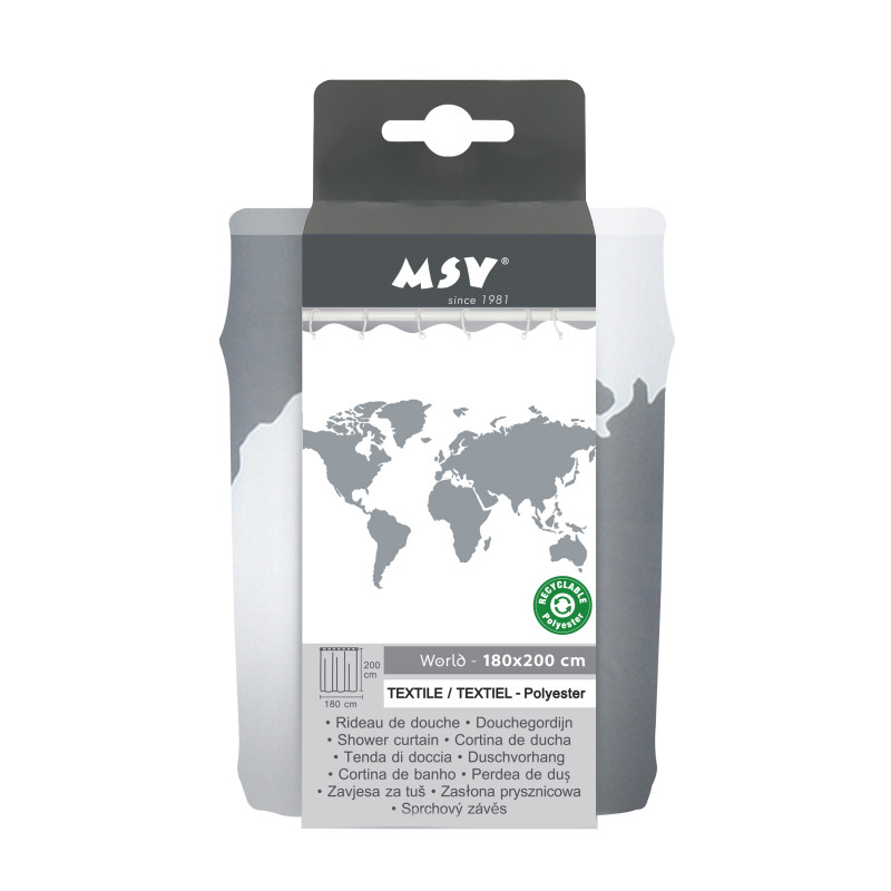 MSV Duschvorhang Polyester WORLD 180x200cm PREMIUM QUALITÄT Grau & Weiß - Ringe inklusive